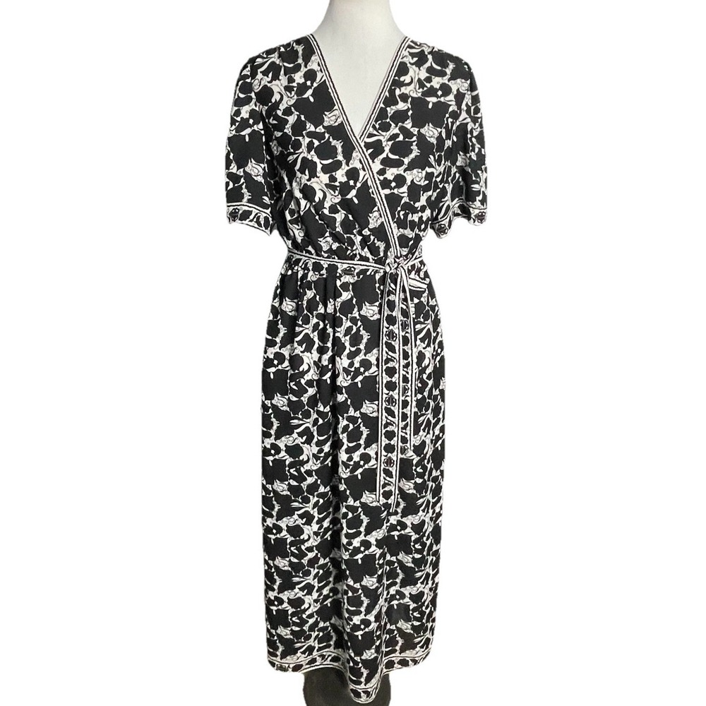 New Max Studio Floral Faux Wrap Dress Black White Garden Party Boho Medium - Picture 2 of 4